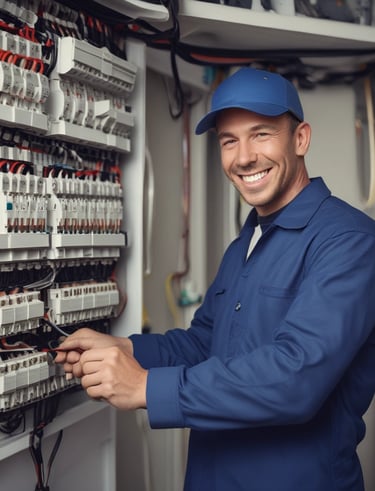 Smiling Good Guy Electric & Solar team standing in front of a company van.