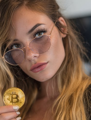 Woman holding a Bitcoin coin in a modern workspace 