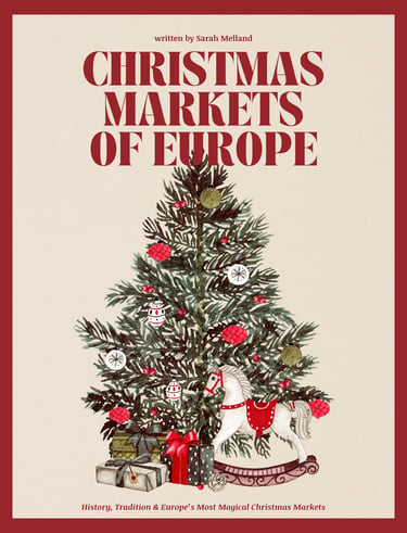 Book cover for Christmas Markets of Europe featuring a decorated pine tree with gifts and a rocking horse.