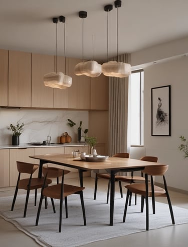 A minimalist interior design featuring a wooden sideboard with sleek lines and a potted plant on top. Modern pendant lights with circular designs hang from the ceiling, and decorative items are arranged on a recessed shelf. A light blue armchair with a wooden frame is positioned in the foreground, enhancing the contemporary aesthetic.