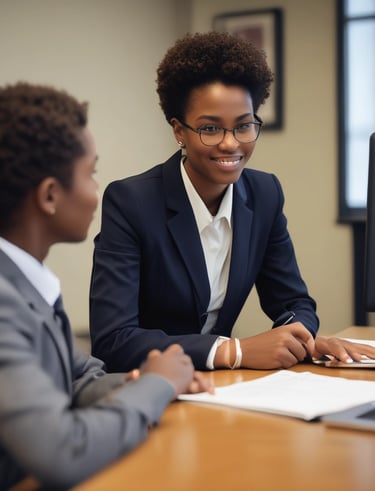 A professional setting with a mentor guiding a young black student during a mock interview.