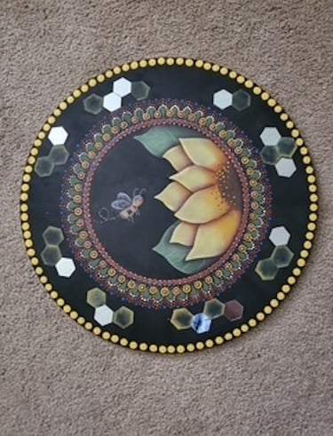 Linda Nigh's orginal acrylic design called "To Bee Or Not To Bee", sunflower, dots, bee