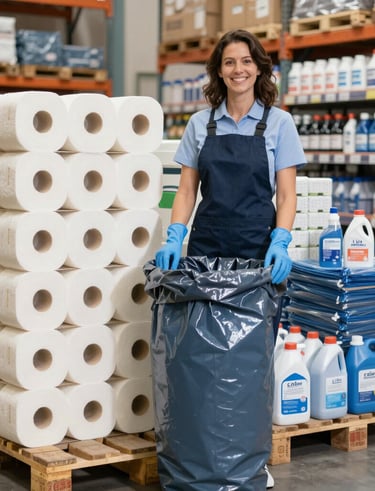 Workers organizing and preparing bulk cleaning supplies for shipment inside a bright, eco-friendly warehouse.