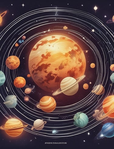 A collection of vintage-like astrology-themed items featuring an astrology book or card on top of celestial maps. The design includes circular and linear patterns reminiscent of old astronomical charts. A large, dried brown leaf is placed beside these items, contrasting with the soft textured surface beneath.