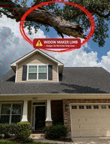 Large cracked tree limb hanging above the yard and at risk of falling