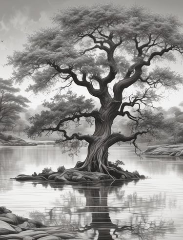 A majestic oak tree standing tall in a serene natural landscape symbolizing strength and growth.