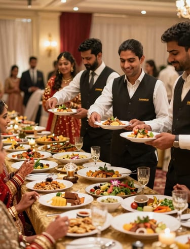 An elegant event space with luxurious gold, red drapes, and sparkling chandeliers.