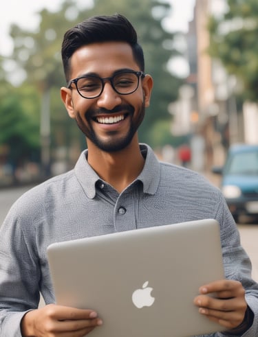 A customer happily receiving their repaired laptop from a friendly jas service staff member.