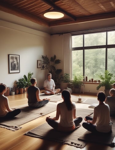 A peaceful meditation coach guiding a small group outdoors.