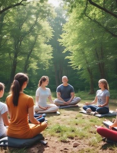 A peaceful meditation coach guiding a small group outdoors.