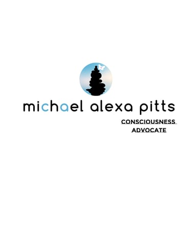 Michael Alexa Pitts Consciousness Advocate brand art with brand icon of a black cairn, blue sky behind, & a white butterfly