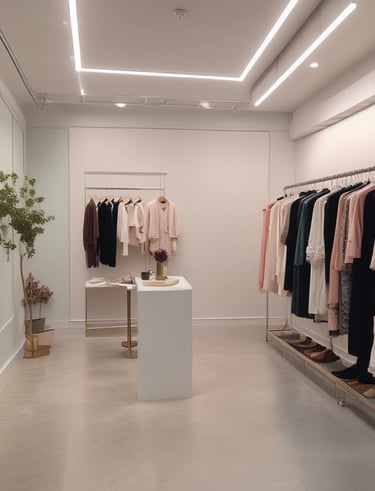 A thoughtful shopper examining clothing styles in a well-lit, modern shop.