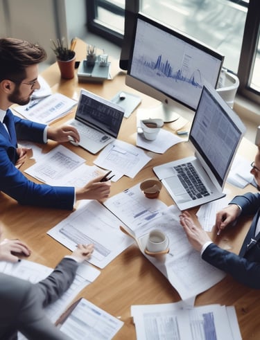 A smiling business owner reviewing financial documents with a consultant.