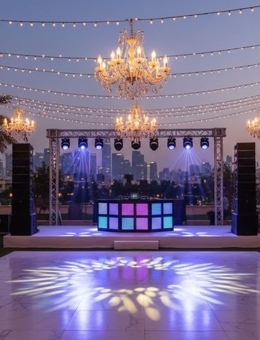 Luxury outdoor wedding reception at dusk featuring a marble dance floor, crystal chandeliers, and city skyline.