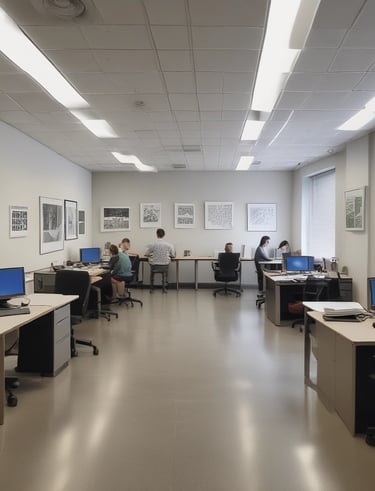 A modern office space with green and graphite design elements reflecting agility and precision.