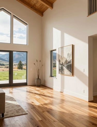A renovated cozy living room showcasing fresh paint and new windows bathed in morning light.