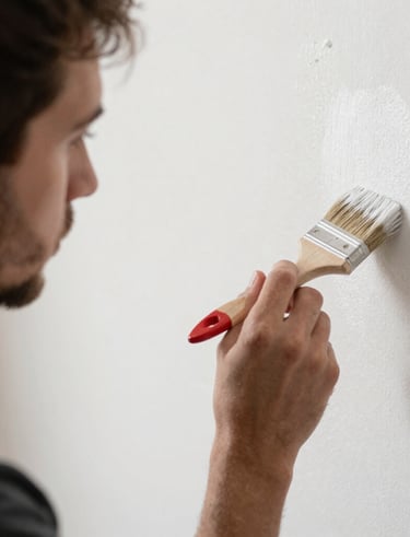 Close-up of a painter’s hand smoothing wallpaper edges in a bright, modern office.