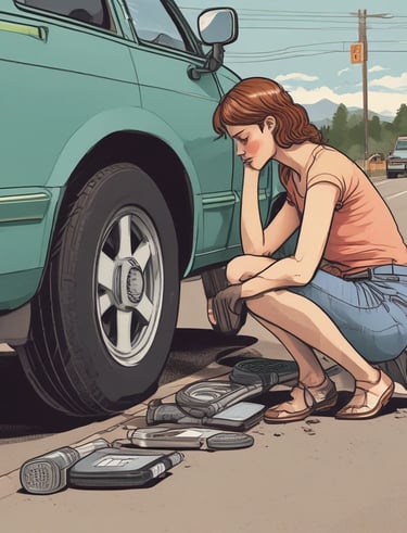 Close-up of a Mayo Towing roadside assistance kit with tools and safety cones.