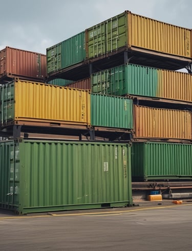 Stacks of shipping containers bathed in warm sunlight with a clear blue sky.