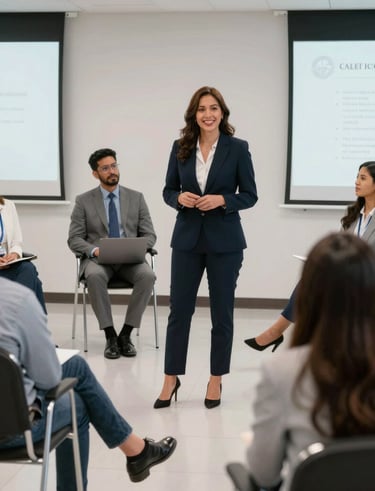 Focused employees attending an impactful corporate seminar with a speaker presenting.