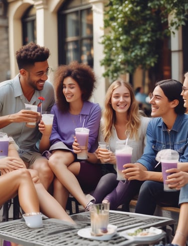 A cheerful group enjoying pop sip drinks at a sunny outdoor market pop-up.