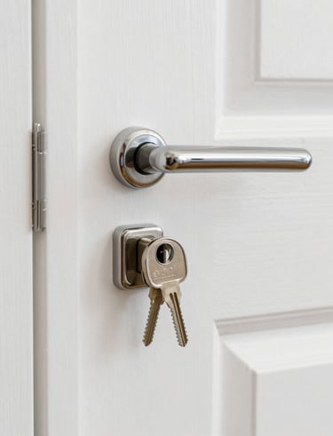 A close-up of hands holding keys in front of a charming front door.