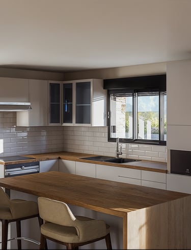 Rendu 3D cuisine contemporaine avec îlot central – BenRaff Studio
