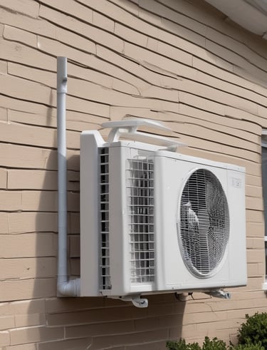 A building facade featuring a white air conditioning unit mounted on the exterior wall, partially covered with creeping green ivy. The building is painted white with black-tiled lower sections, and an industrial light fixture is attached above a large window with frosted glass. The sidewalk in front is made of concrete with a red-painted curb.