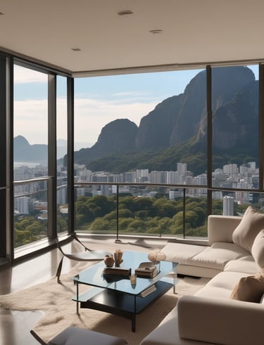 A tall, modern skyscraper with a sleek, geometric design features numerous windows and balconies. The foreground displays a sign advertising luxury penthouse suites with information on sales and rentals. Several small trees and flagpoles are lined up on the terrace, adding a touch of greenery to the urban setting.