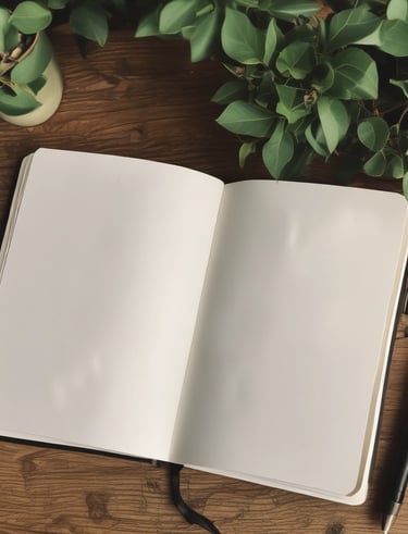 An open journal with a pen resting on its pages, surrounded by a few comforting books and a steaming cup of tea.