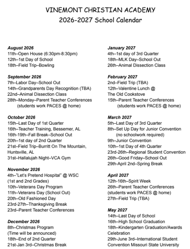 2026-2027 VCA School Year Calendar