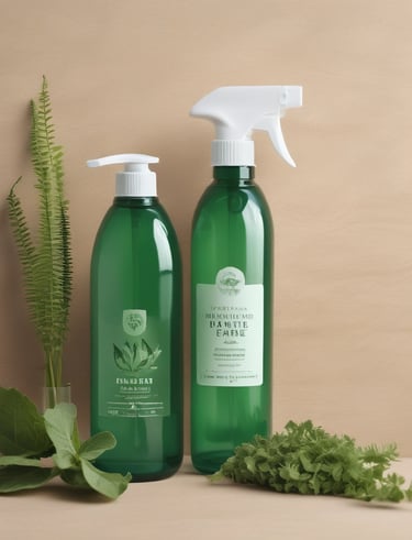 A set of cleaning products is arranged on a light-colored marble surface. The items include two metal spray bottles, a small glass bottle with a liquid, a natural bristle brush, and a cloth with dark stripes. Sunlight filters through leaves, casting dappled shadows on the surface.