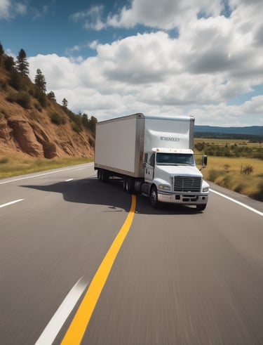 A series of trucks are parked or stationery on a road, including a white trailer with company branding, a white and blue pickup truck, and a large red dump truck with a raised bed.