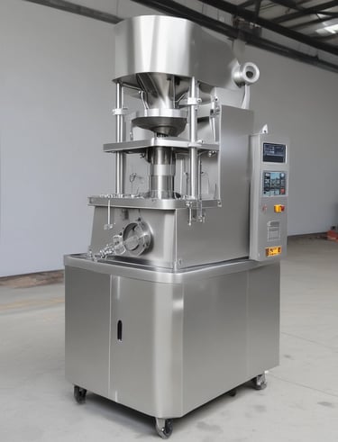 A large industrial bottle capping machine is in operation. Several plastic water bottles are positioned on a rotating platform beneath the metallic capping mechanism. The setup is located in a room with bare concrete block walls, and there is a wooden board leaning against the wall. Sunlight casts shadows on the floor, and there are various tools and materials scattered around, including a cardboard box with cables.