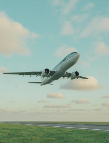 Airplane taking off into a blue sky with clouds over a green runway.