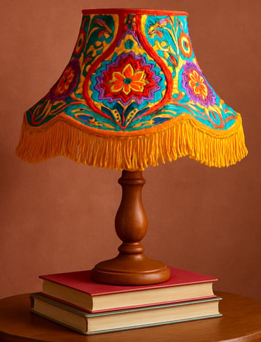 Handmade lampshade casting a warm glow over a rustic wooden table with sustainable decor.