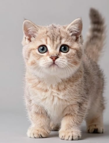 A gentle British Shorthair cat sitting calmly next to a potted plant indoors.
