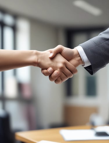 A close-up of a handshake between a lawyer and a client, symbolizing trust and partnership.