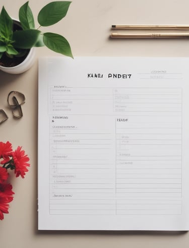 An open planner displaying a detailed schedule for Tuesday and Wednesday. The layout includes sections for top tasks, time blocks from 5 AM to 8 PM, other activities, and areas for reflection on successes and improvements. Decorative elements like motivational quotes and colorful stickers enhance the appearance. The dominant background includes a wooden surface and some writing utensils.