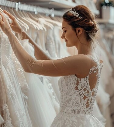une mariée qui choisie une robe