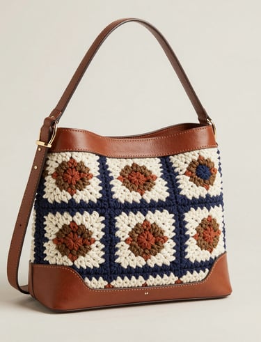 Close-up of a sophisticated pastel khaki crochet handbag with delicate stitching.
