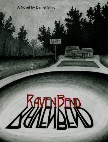 Raven Bend title; a gas station and sign before a dark line of trees with a ghostly figure