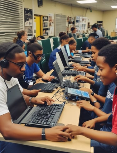 A colorful recycling station with three transparent tubes for collecting coffee cup lids, liquids, and cups against a street backdrop. Two individuals wearing orange work uniforms are in the background, engaged in street maintenance.