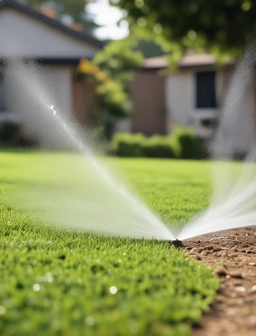 Wide shot of a technician installing an irrigation system in a garden.