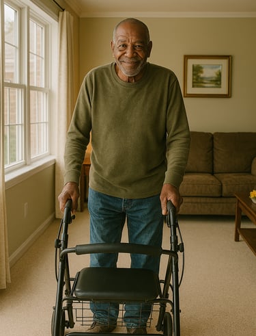a man in a green sweater and jeans standing in a living room