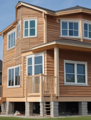 A residential building under construction with visible scaffolding surrounding the front. The structure features a mix of bare brickwork and wooden panels. Windows are installed on the upper level, and the roof is partially finished with red tiles. Construction materials such as wooden planks and blue tarps are scattered in the foreground.