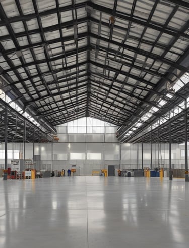 A construction site features multiple structures in various stages of development, with brick buildings prominently situated in an area cleared of vegetation. Workers are visible on-site carrying out construction tasks. The site is surrounded by greenery and trees, with hills and other built structures in the distance.
