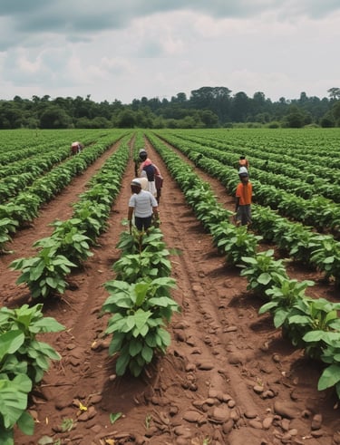 A neatly arranged agricultural field features rows of young plants growing in red-brown soil. The plants are spaced evenly with plastic mulch covering the rows to retain moisture and prevent weed growth. Tall trees and sparse vegetation are visible in the background under a clear sky.