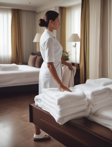 A laundry room featuring a series of large industrial washing and drying machines along a wall. The machines are metallic with blue trim and digital displays, suggesting they are coin-operated. A door is visible in the background. In the foreground, there is a metal laundry basket and a white cloth on a folding counter.