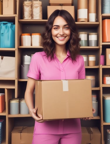 A spacious warehouse with tall shelves filled with various boxes and pallets. A yellow forklift is parked in the aisle, surrounded by organized inventory. The environment appears clean and well-lit, with items neatly stacked on metal racks.